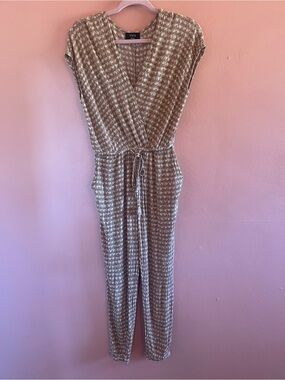 Vici Tan & Cream Houndstooth Knit Wrap Jumpsuit